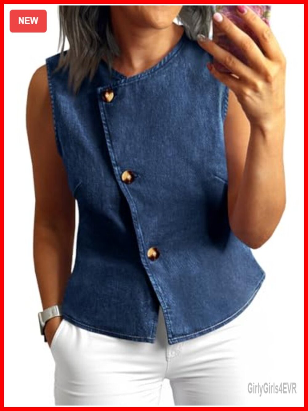 Denim Vest Tops Sleeveless Button Down Jean Shirt Waistcoat Stretch